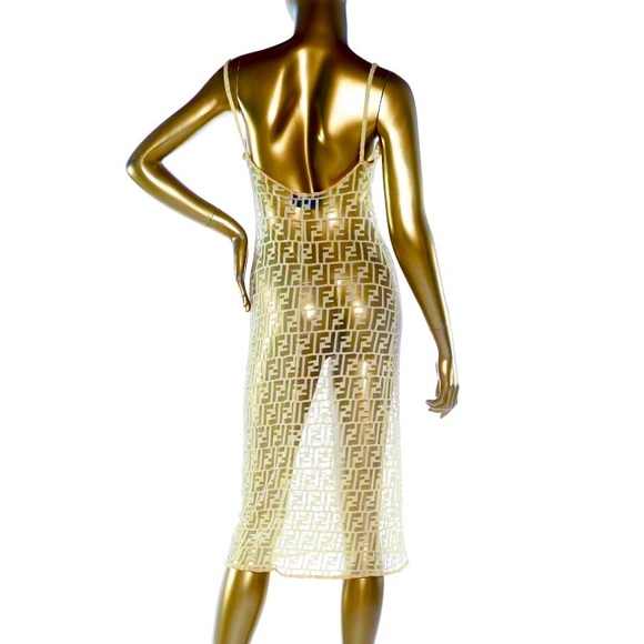 Vintage Fendi Monogram Logo FF Zucca Dress (nude) Sheer Nylon Lace - Picture 8 of 17